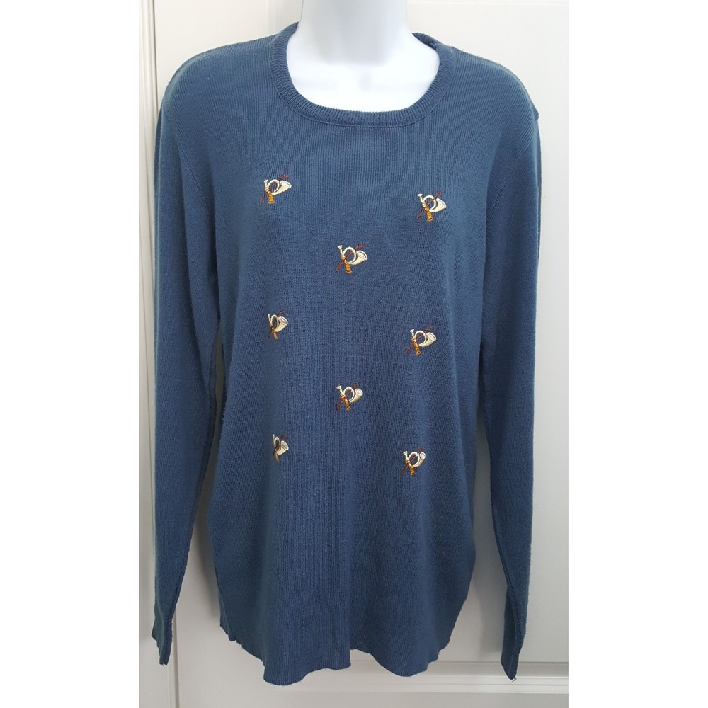Equestrian Riding Crop Horn Knit Blue Sweater Vintage Courage Large